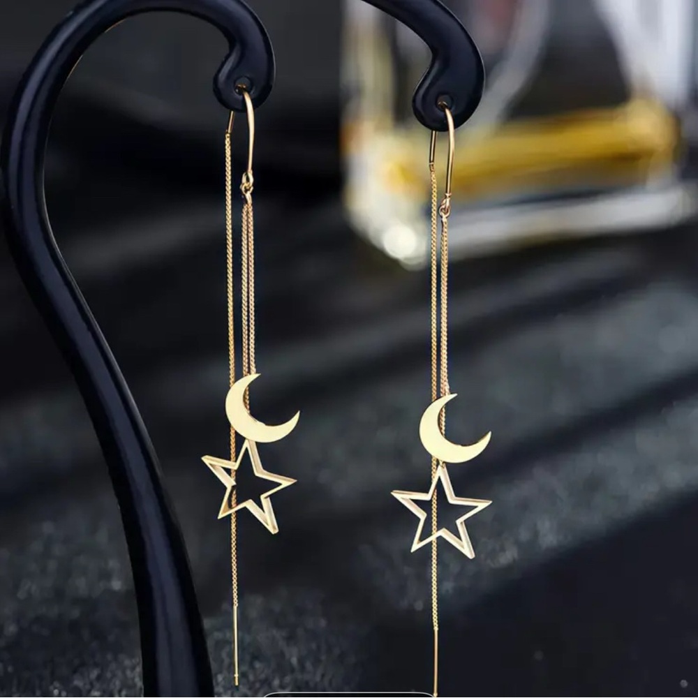 Gold Star and Moon Dangle Earrings